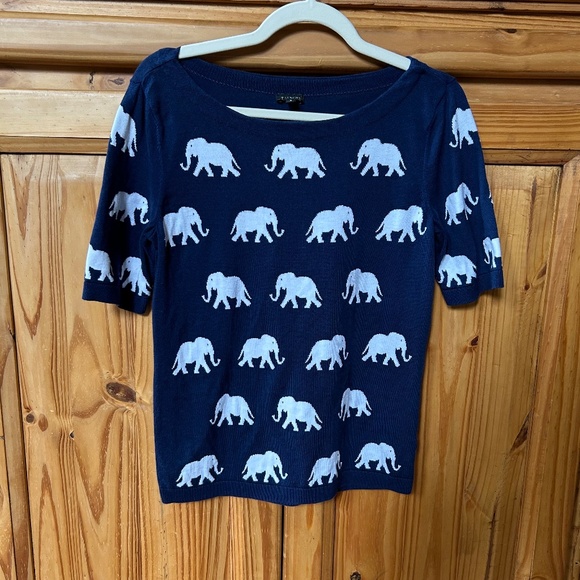 Talbots Sweater Top Navy Blue with White Elephants Short Sleeve Women's Size S - Picture 1 of 7